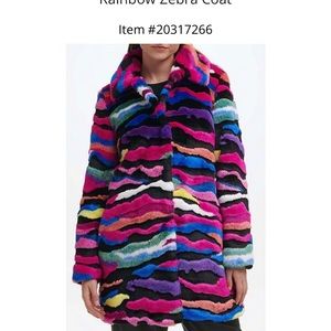 Karl Lagerfeld Paris Faux Fur Single Breasted Rainbow Zebra Coat